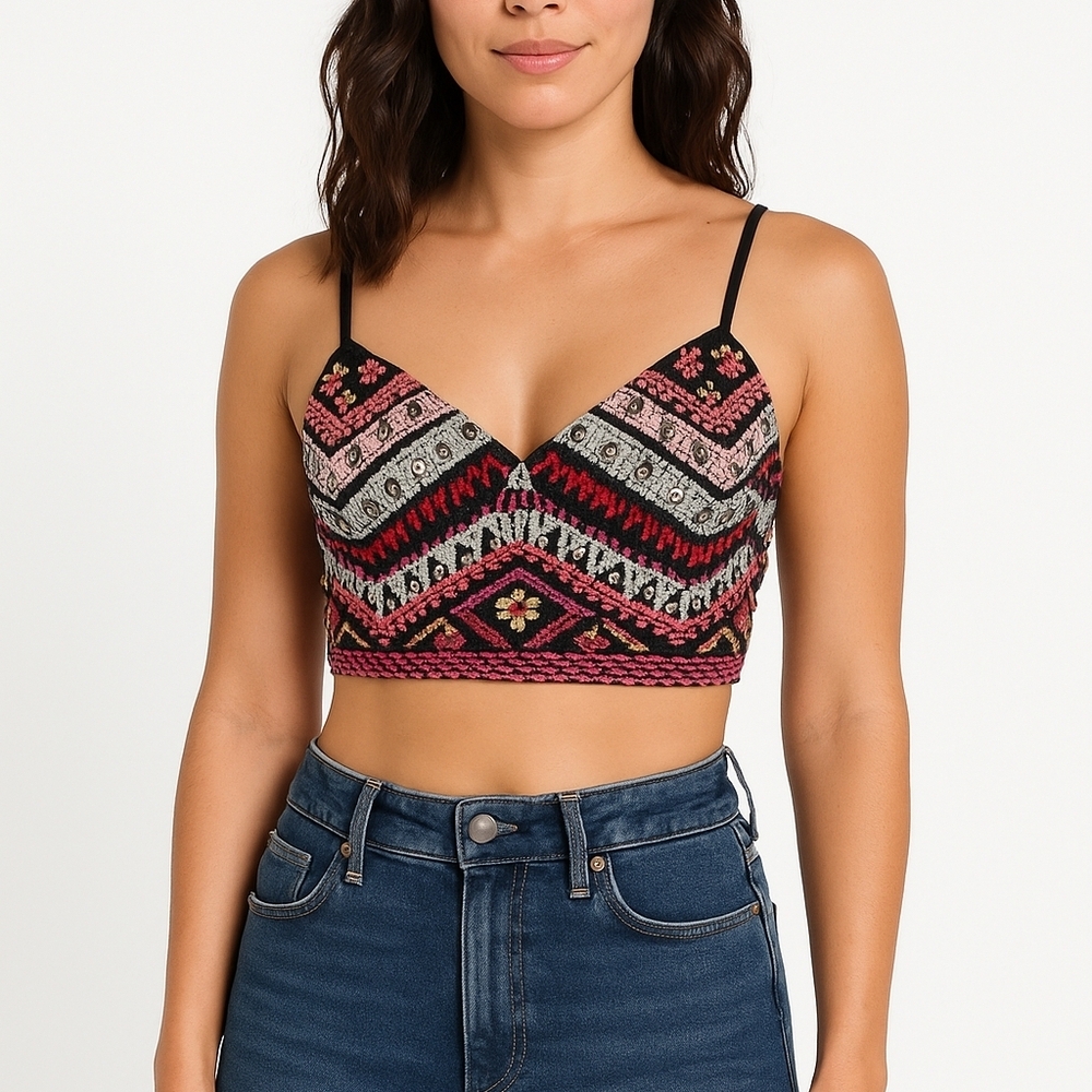 GUESS Pink Black Embroidered Cropped Top M